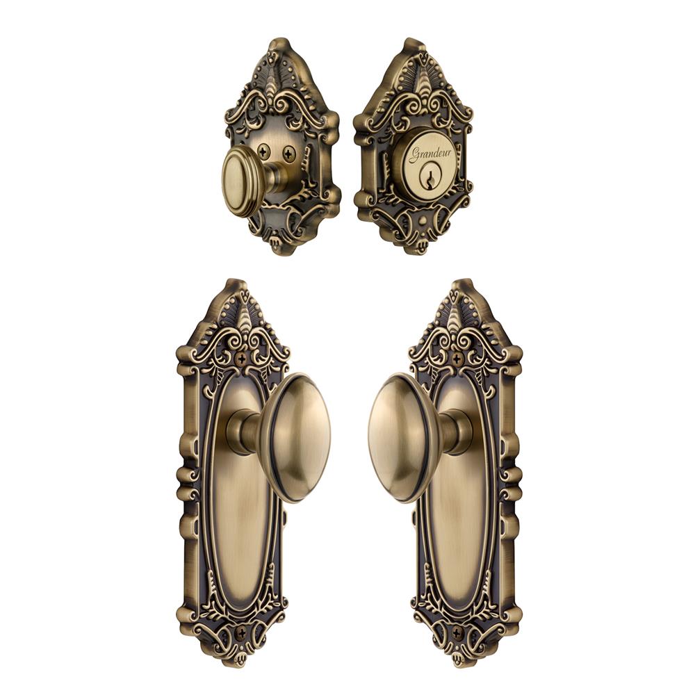 Grandeur by Nostalgic Warehouse Single Cylinder Combo Pack Keyed Differently - Grande Victorian Plate with Eden Prairie Knob and Matching Deadbolt in Vintage Brass
